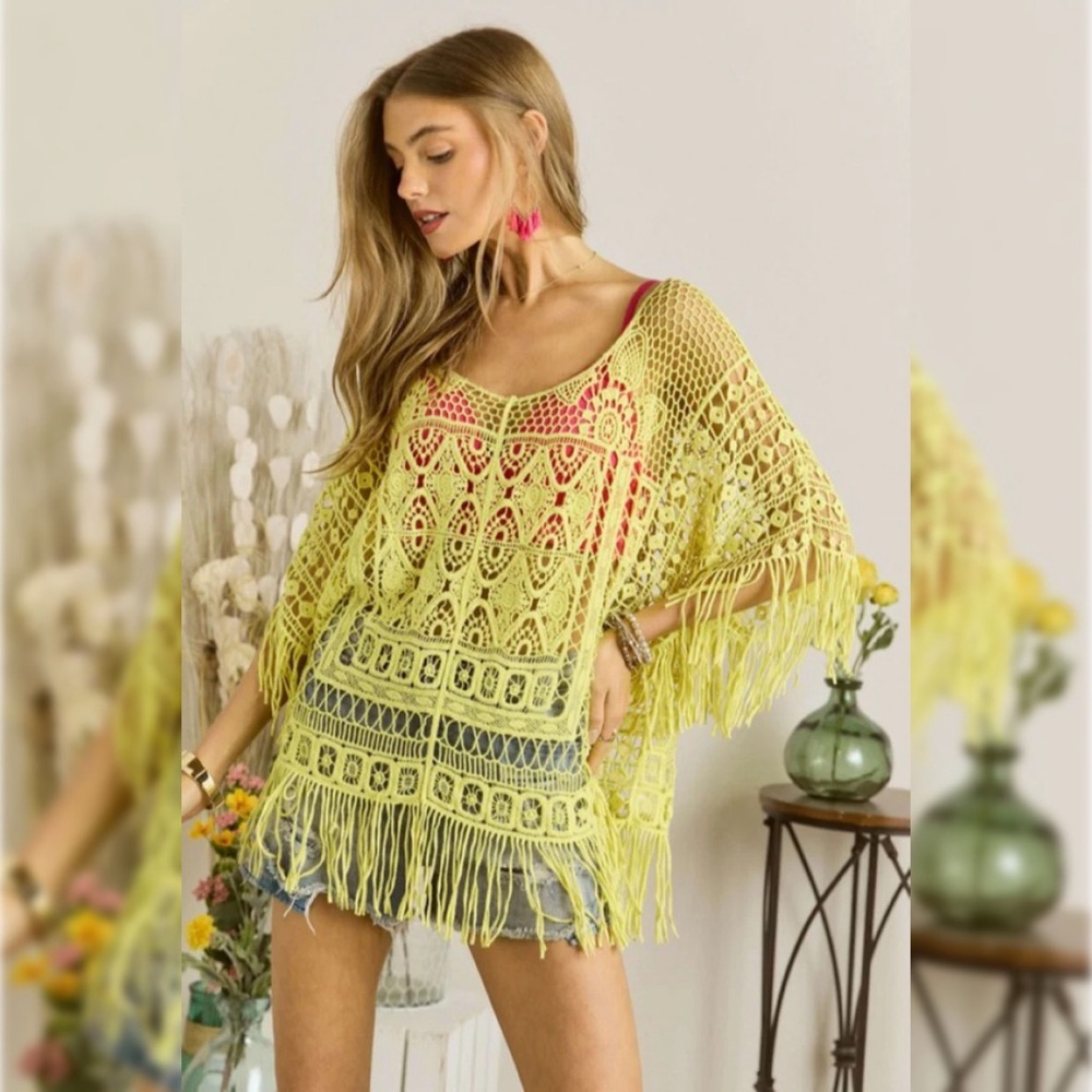 American Rag mustard boho crochet fringe poncho